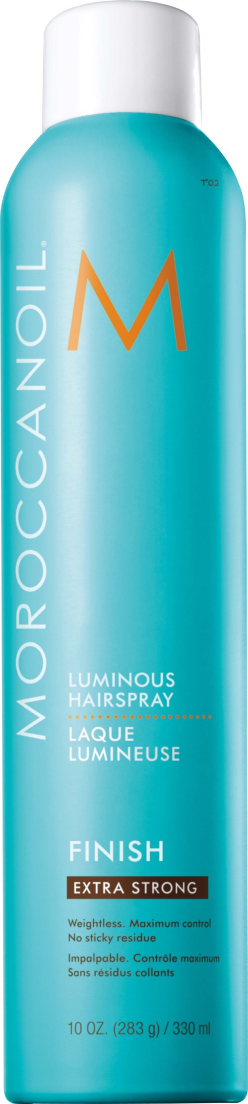 A tall turquoise bottle with a white cap, labeled 'Moroccanoil Luminous Hairspray Finish Extra Strong'.