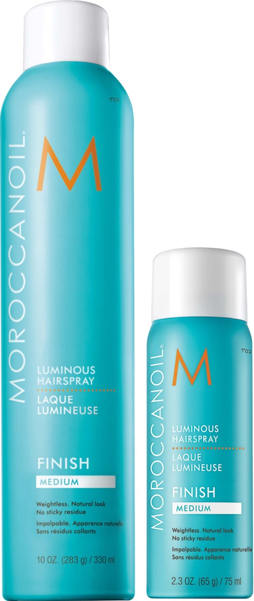 Two blue cans of Moroccanoil Luminous Hairspray, one large and one small, with white caps and orange 'M' logos.