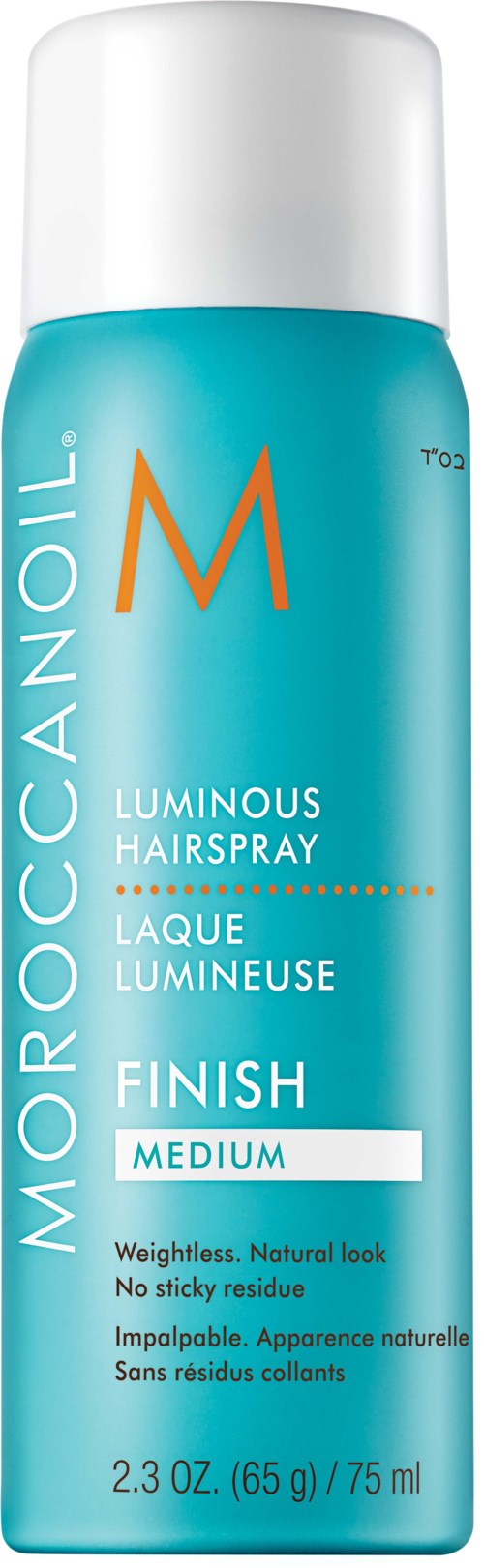 Een blauwe fles Moroccanoil Luminous Hairspray Finish, medium hold, 75 ml. Het is een haarlakproduct.