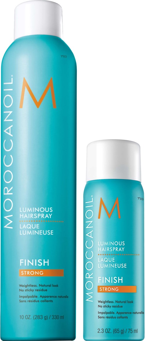 Kaksi sinistä Moroccanoil Luminous Hairspray -suihketta, joissa on oranssit ja valkoiset tarrat.