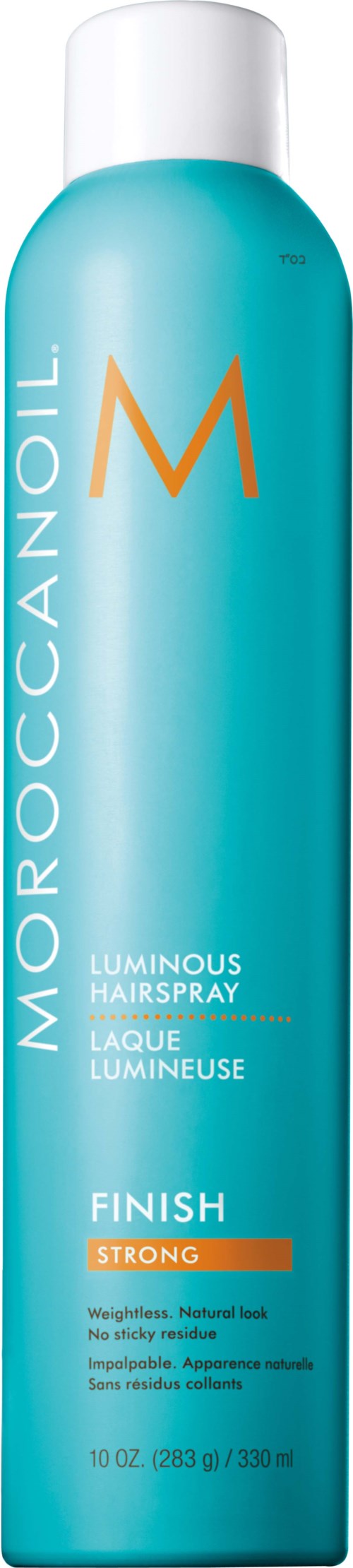 A tall blue can of Moroccanoil Luminous Hairspray with a white cap and orange label details.