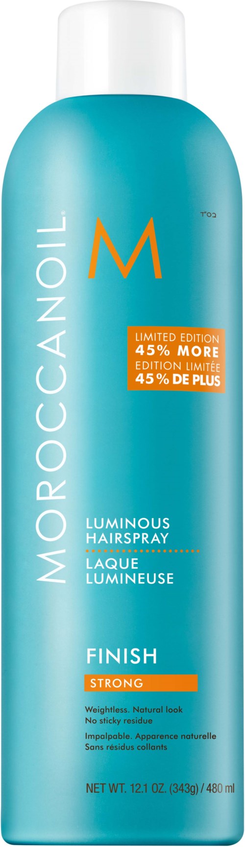 A tall blue can of MoroccanOil Luminous Hairspray with a white cap, labeled for strong finishing hold.
