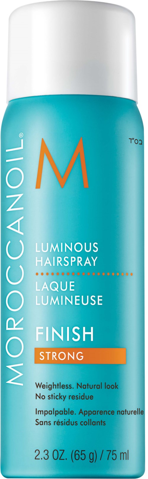 Sininen Moroccanoil viimeistelysuihke, vahva pito ja luonnollinen ulkoasu, painaa 75 ml.
