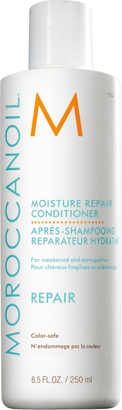 Valkoinen pullo Moroccanoil Moisture Repair Conditioner, iso oranssi M ja sininen teksti.