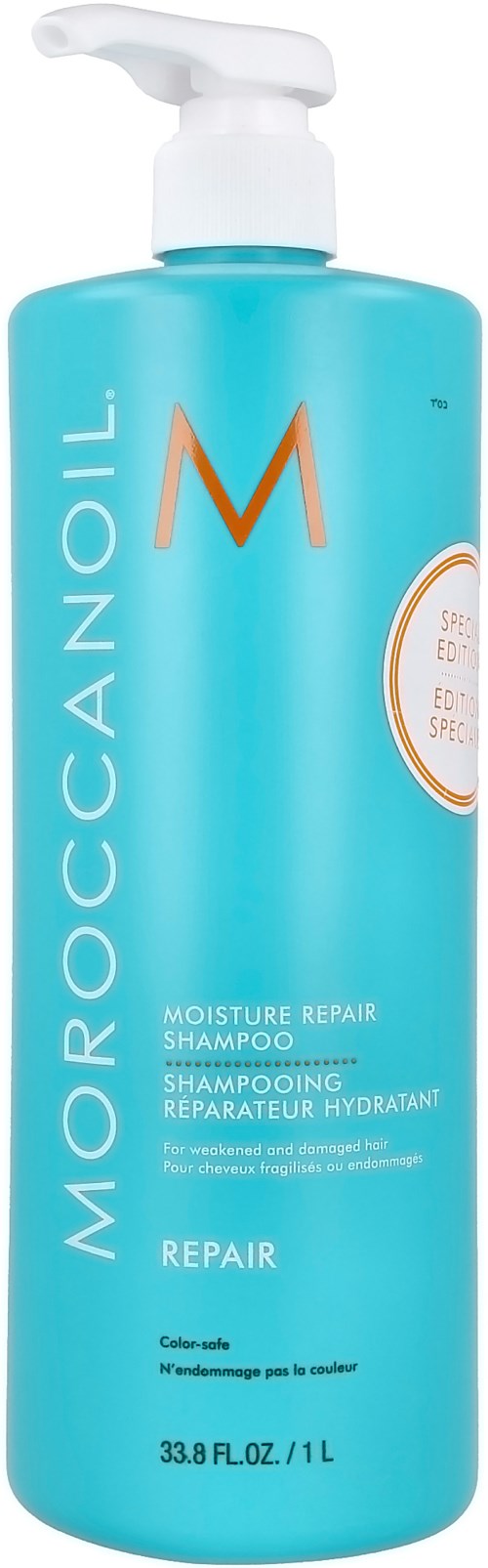 En lång, blå flaska med vit pump, märkt Moroccanoil, för att reparera och återfukta håret.