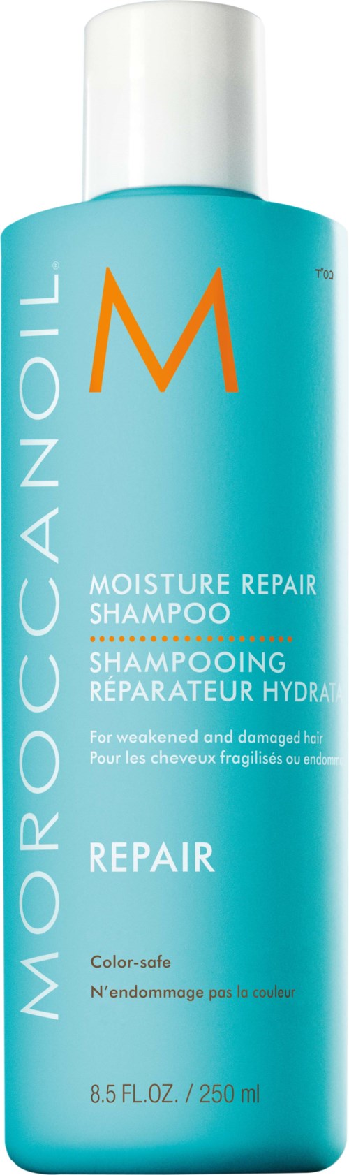 Sininen pullo Moroccanoil kosteuttava korjaava shampoo, jossa on valkoinen ja oranssi teksti.