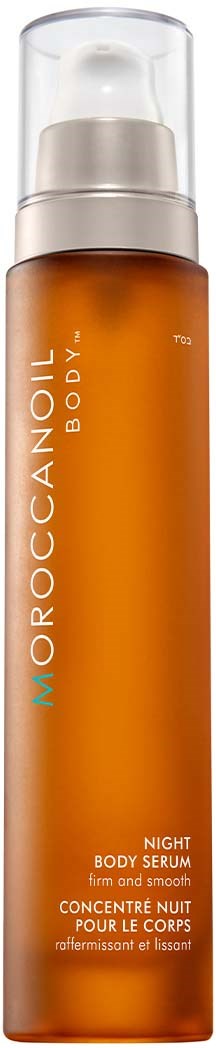 Pitkä oranssi pullo, jossa on läpinäkyvä korkki, nimeltä 'Moroccanoil Body' ja 'Night Body Serum'.