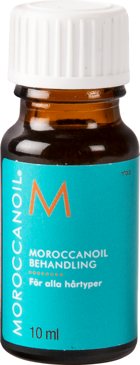 En liten brun flaska med vit lock märkt Moroccanoil för hårvård, volym 10 ml.