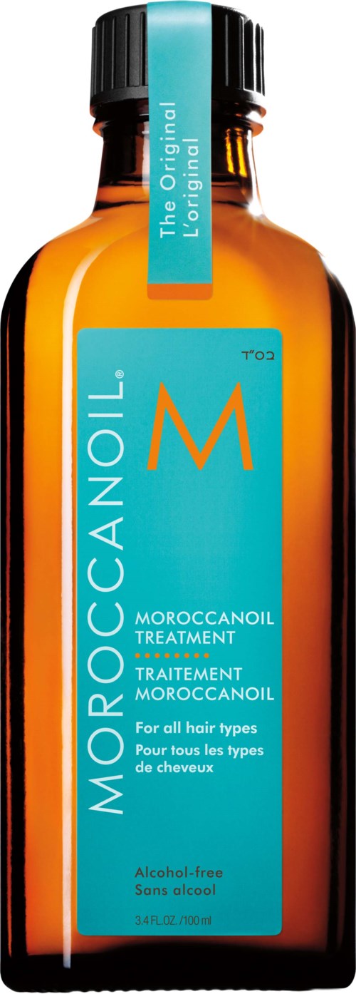 A small amber bottle with a black cap and a blue label saying Moroccanoil, alcohol-free, for all hair types.