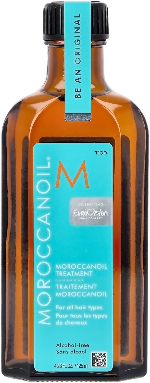 A brown bottle of Moroccanoil treatment with a blue label and black cap. It says alcohol-free and suitable for all hair types.