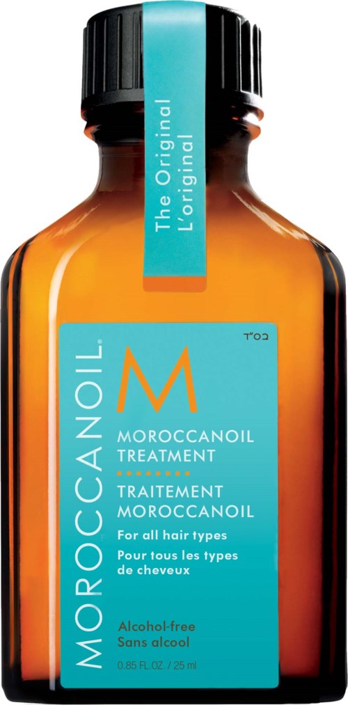 A small brown bottle with a black cap and a blue label showing it contains Moroccan oil treatment.
