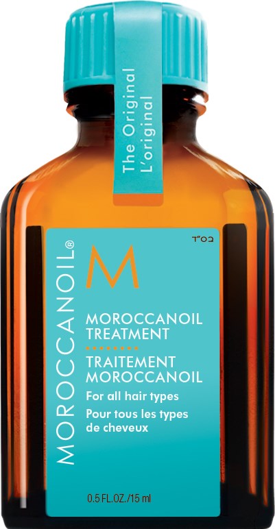 En liten orange flaska med blå kork och etikett, kallad Moroccanoil Treatment för alla hårtyper.