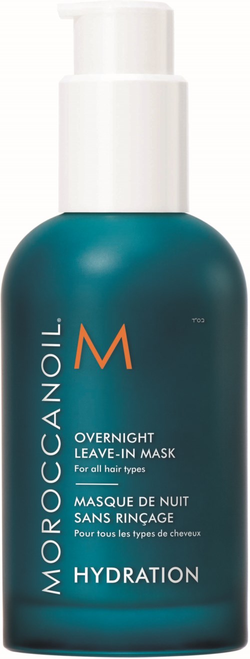 Blå flaska med vitt pumpetikett för MoroccanOil nattlig leave-in hårinpackning, återfuktning, för alla hårtyper.