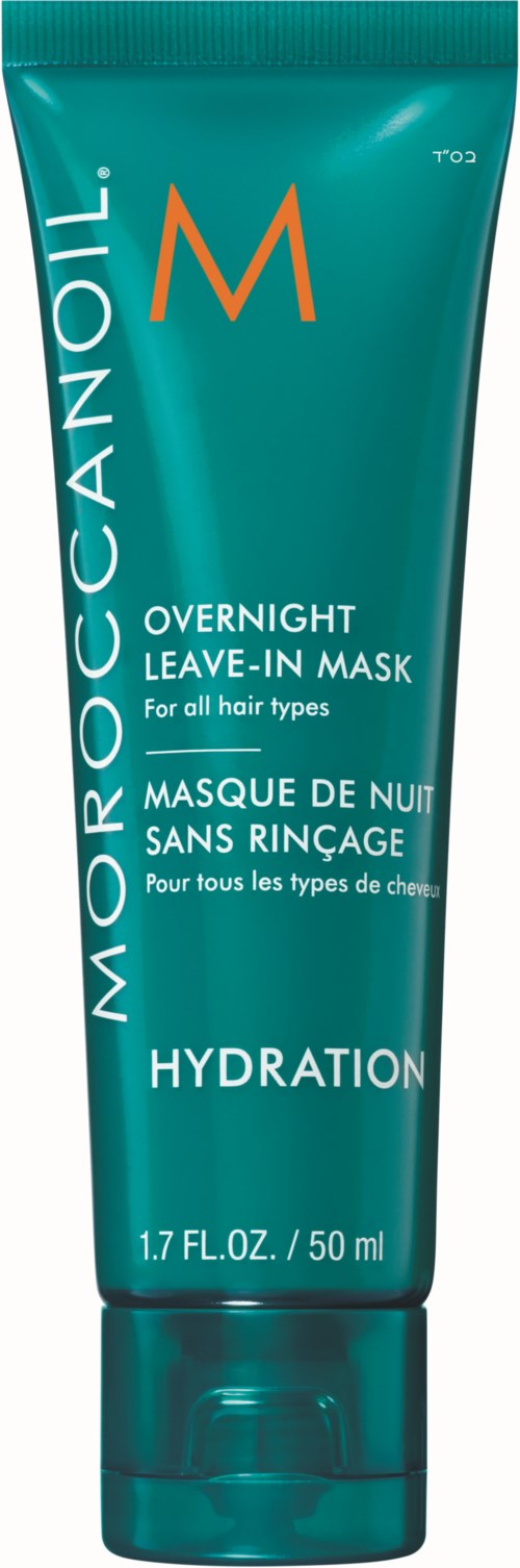 En mörk turkos tub av Moroccanoil nattmask för alla hårtyper med orange och vit text, 50 ml.