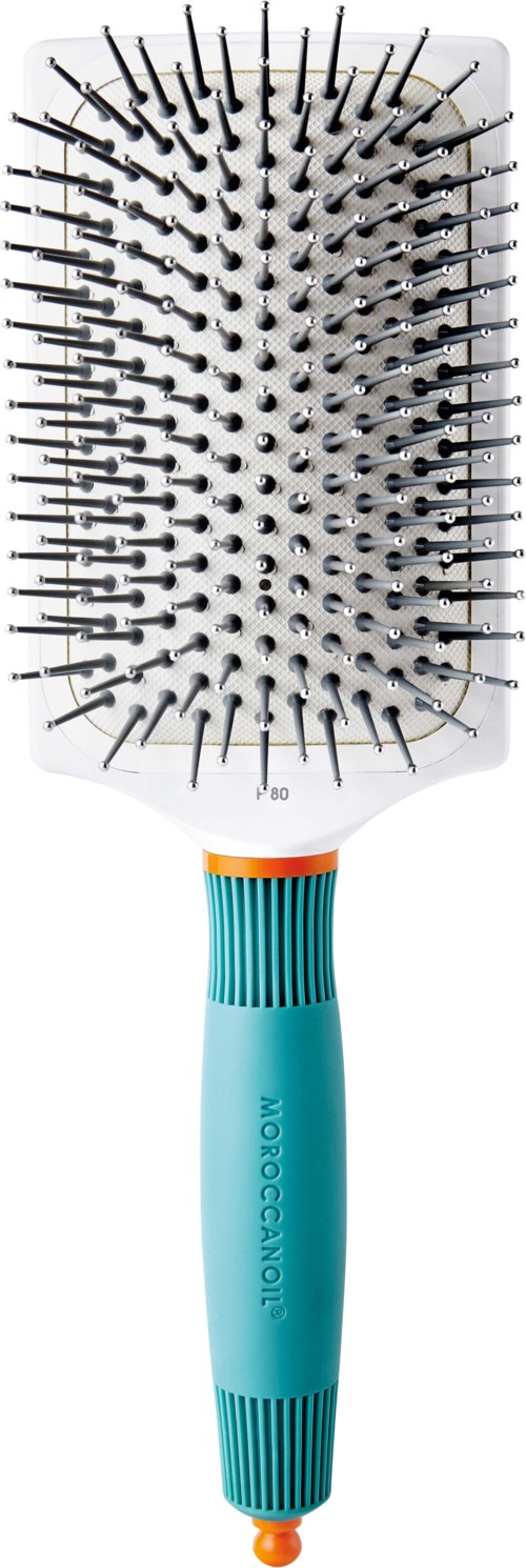 A hairbrush with black bristles, white base, and a blue handle with orange accents.