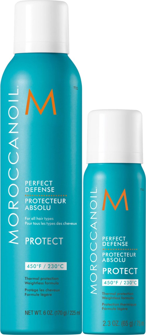 Two blue bottles of Moroccanoil hair product, smaller and larger, with white caps and orange 'M' logo.
