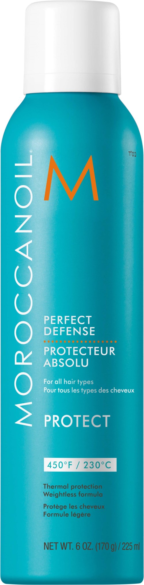 A teal bottle of Moroccanoil Protect hair spray with a white cap. It weighs 6.7 ounces and is for all hair types.