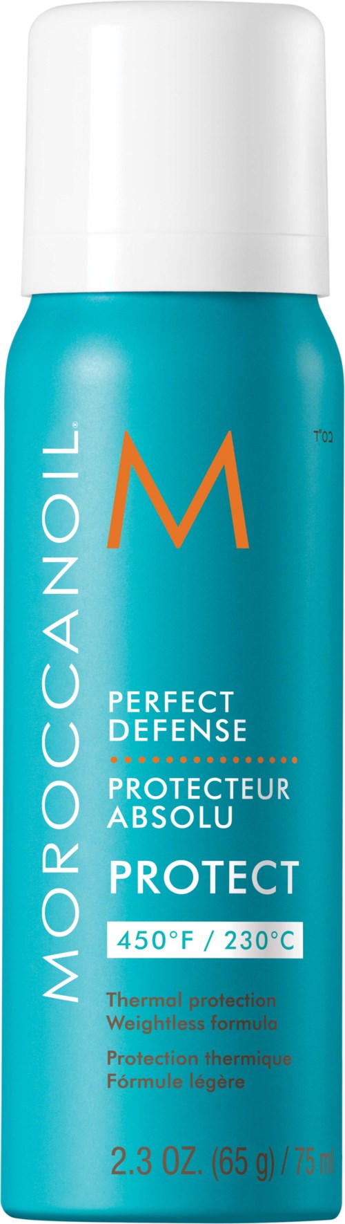 A blue spray can with white cap, labeled 'Moroccanoil Perfect Defense Protect,' designed for heat protection up to 450°F.