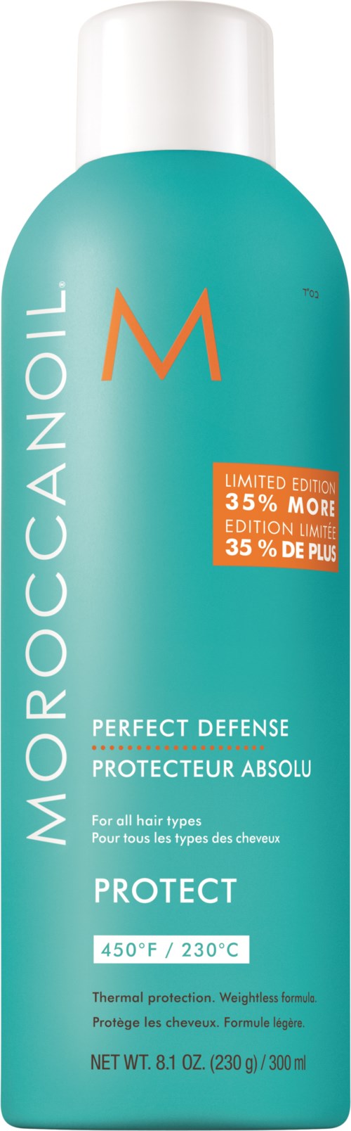 En ljusblå flaska av Moroccanoil Protect med vit lock, märkt för hårskydd, temperatur 450°F.