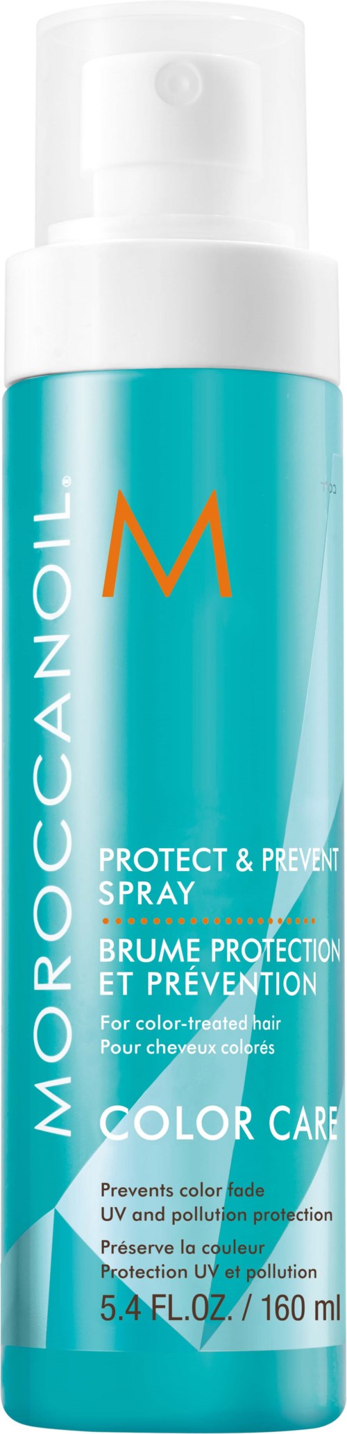 A blue spray can labeled Moroccanoil Protect & Prevent for color-treated hair, with UV protection, 5.4 fl oz.