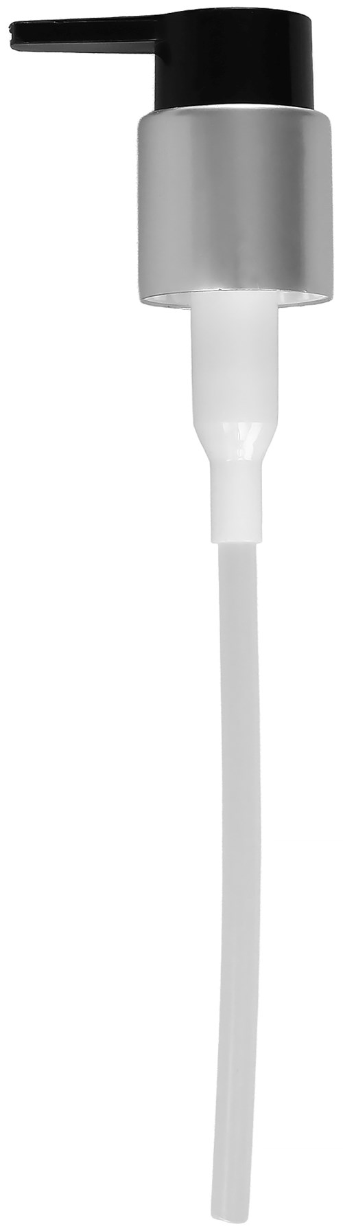 En silver- och svart pumpflaska med en lång vit slang, troligen för att dispensera vätskor eller serum.