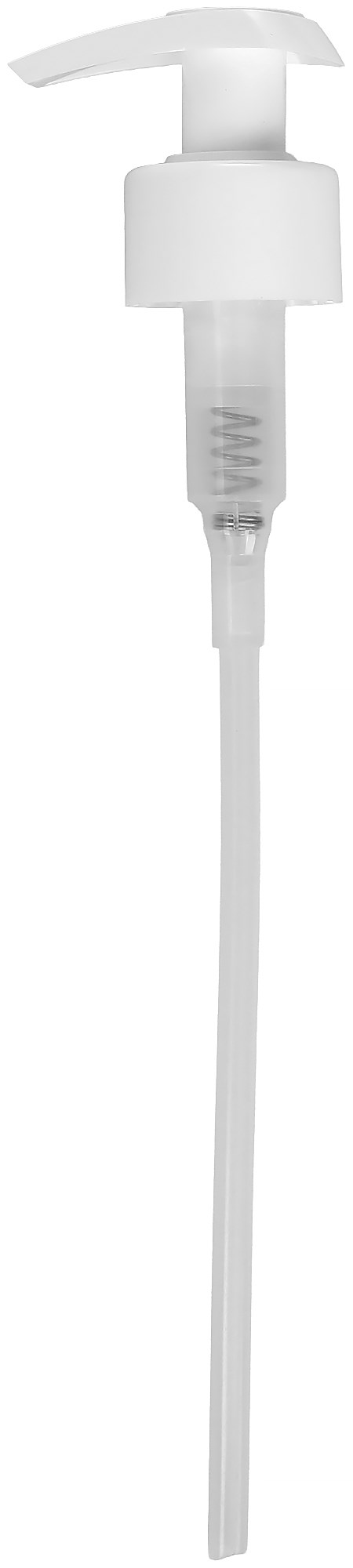 Vit pumpflaska med en lång plastslang för vätskeprodukter.