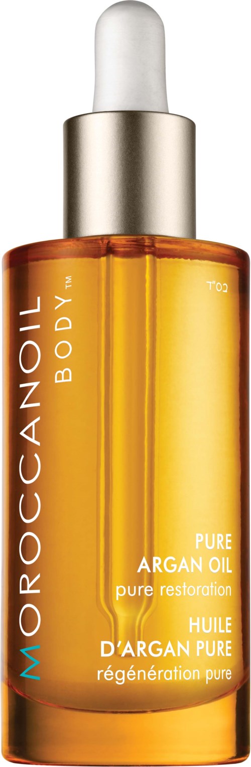 En flaska Moroccan Oil för hudvård med pipett, visar ljus orange och gult.
