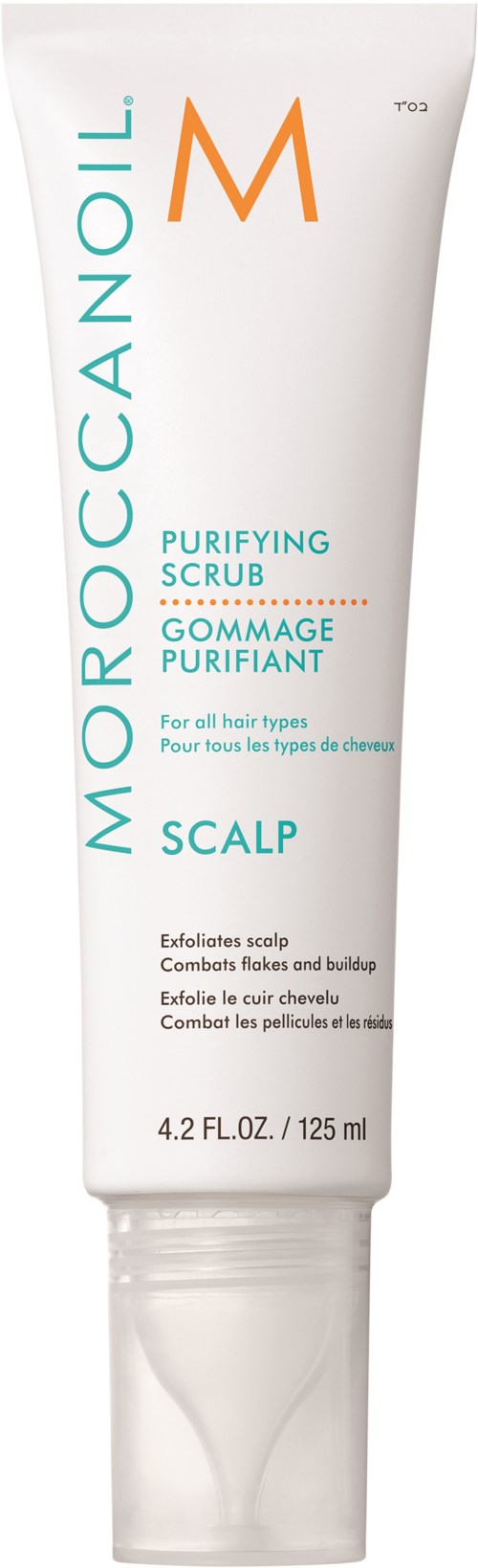 En vit tub med hårbotten scrub med orange och teal text, för alla hårtyper, 125 ml.