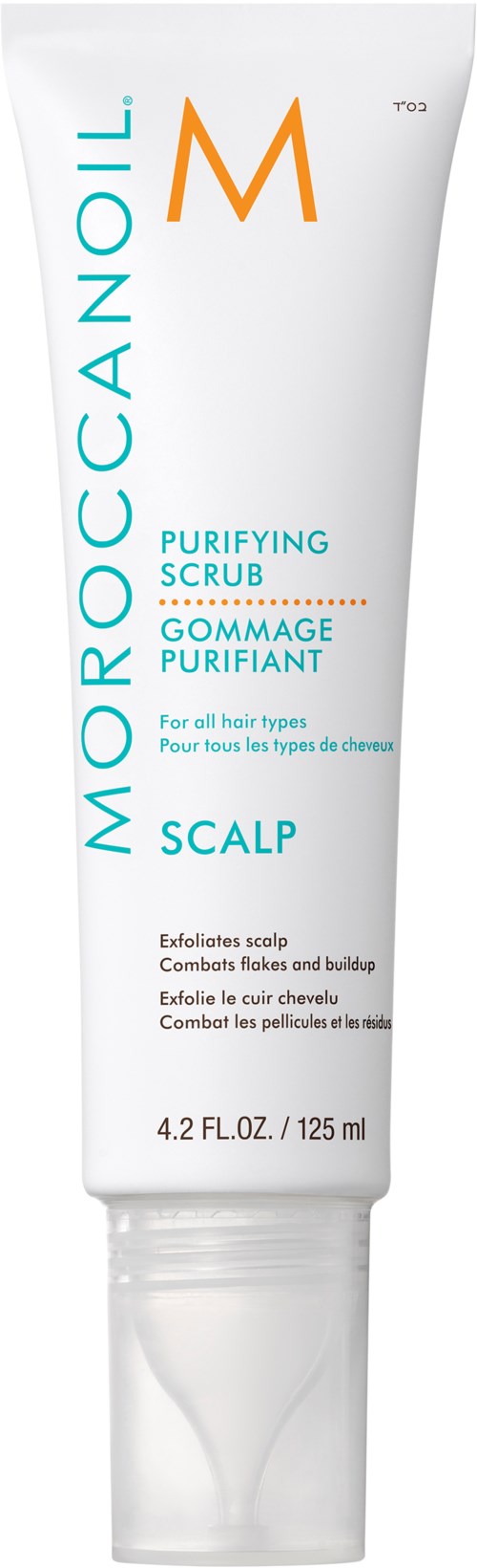 En vit tub med Moroccanoil Rengörande Skrubb med orange och blå text, avsedd för hårbotten och hårtvätt.