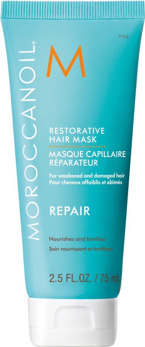Sininen putki Moroccanoil Restoration Hair Mask -tuotteelle, jossa on valkoinen ja oranssi teksti, ja valkoinen kansi.