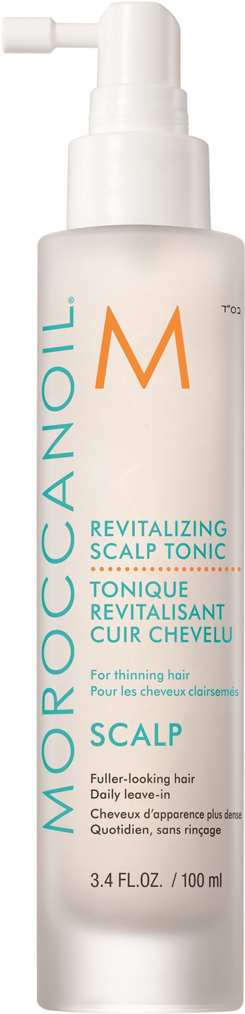 Valkoinen suihkepullo, jossa lukee Moroccanoil Revitalizing Scalp Tonic hiustenhoitoon.
