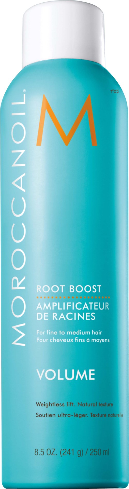 A tall blue bottle for hair volume with white cap, orange 'M' letter, and white text about root boost and volume.