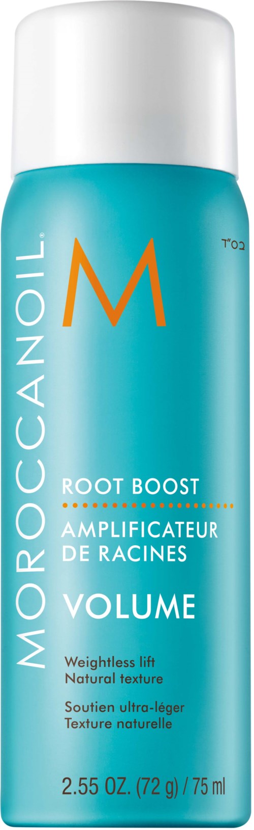 A blue and white bottle of Moroccanoil Root Boost for volume and natural feeling hair. It is 2.55 ounces.