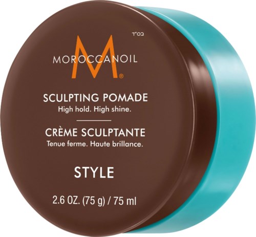 A round hair styling product container with a brown lid and blue body, labeled Moroccanoil Sculpting Pomade, 75 ml.