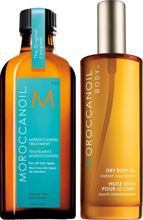 Two bottles of Moroccan oil hair and body care products, one blue label, one gold label, both for skin and hair.