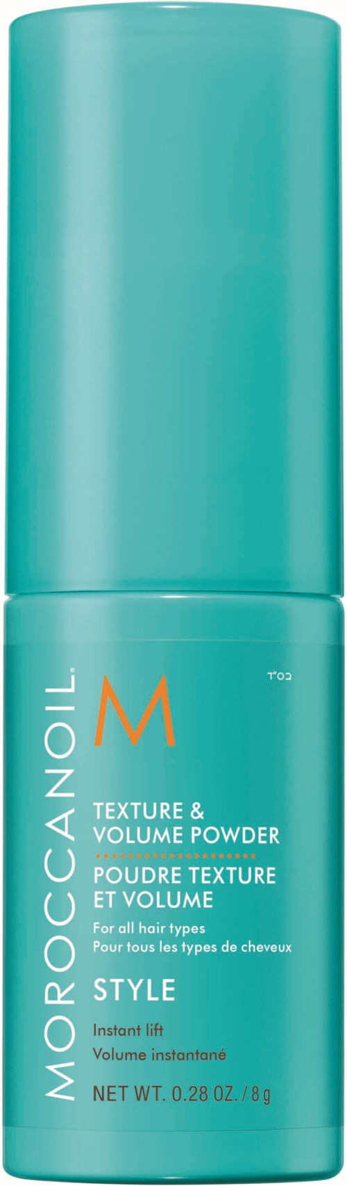 Eine blaue zylindrische Dose mit orange und weißem Text für Moroccanoil Styling-Volumenpuder.