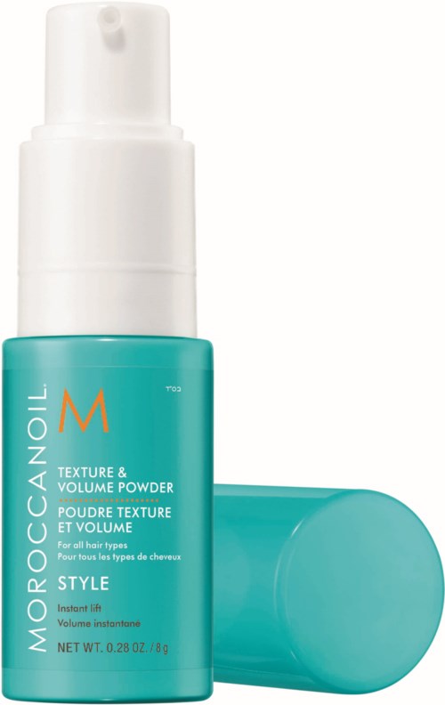 Eine türkisfarbene Flasche Moroccanoil Texture & Volume Powder mit weißem Verschluss, für Haarstyling, steht aufrecht.