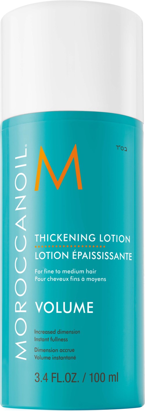 En turkos flaska märkt 'Moroccanoil', 'Tjockningslotion' och 'Volym' med vit kork och storlek 100 ml.
