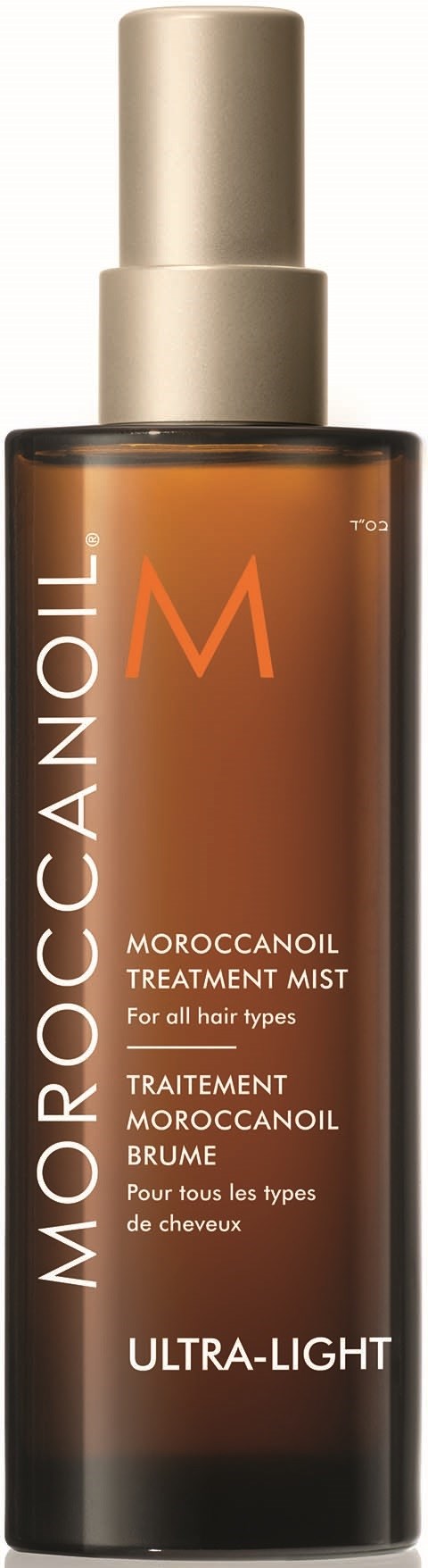 Kultainen suihkepullo, jossa lukee Moroccanoil Treatment Mist kaikille hiustyypeille, erittäin kevyt koostumus.