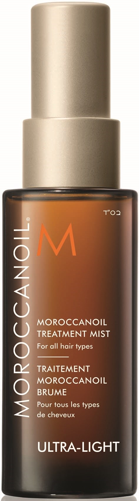Pieni ruskea suihkepullo kulttileimalla, nimi 'Moroccanoil Ultra-Light'.