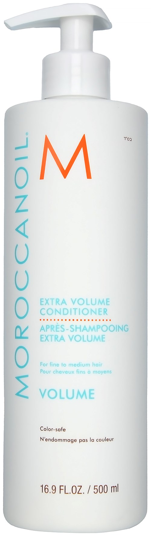 A white bottle with a pump, labeled Moroccanoil Extra Volume Conditioner, 16.9 fl oz, for volume.