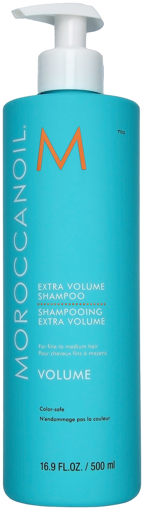 A tall, turquoise bottle with a white pump contains Moroccanoil Extra Volume Shampoo. Large orange 'M' logo on front.