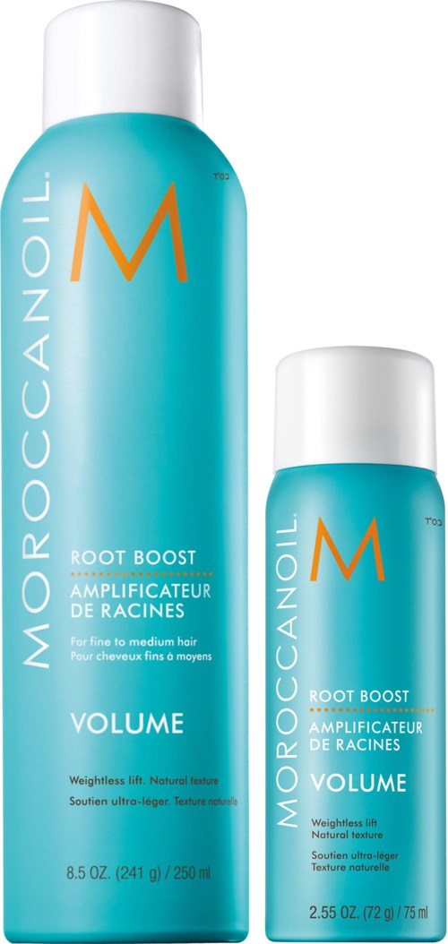 Two bottles of Moroccanoil Root Boost for fine to medium hair, one large and one small, light blue color with orange M logo.