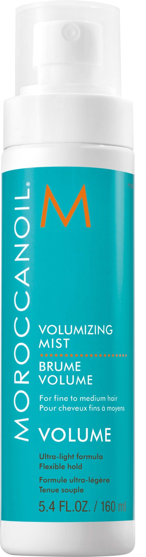 A blue and white bottle of volumizing hair mist with a pump dispenser, branded Moroccanoil, labeled for fine to medium hair.