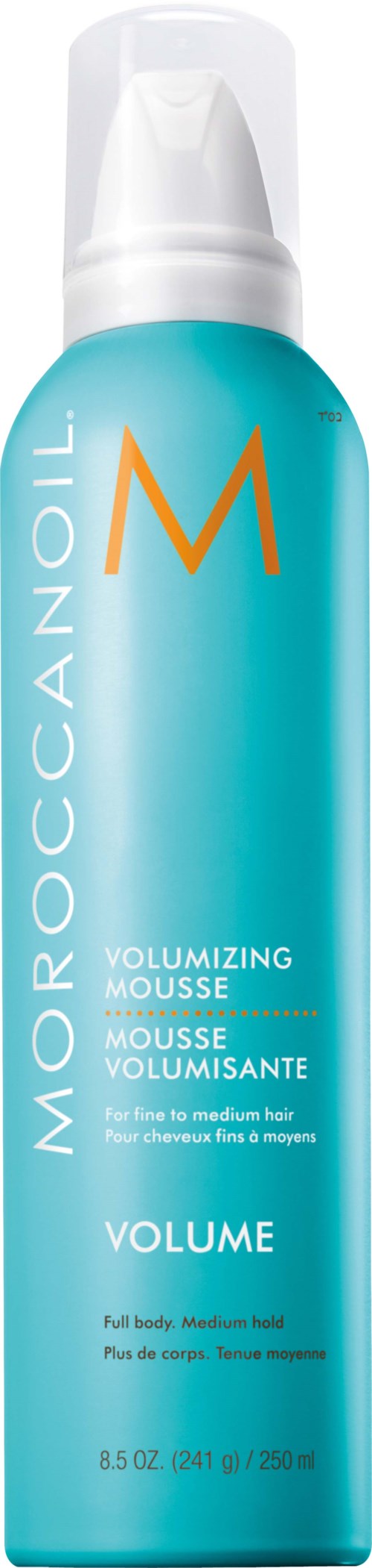 A tall blue can with a white spray nozzle, labeled 'Moroccanoil Volumizing Mousse' for medium to thick hair.