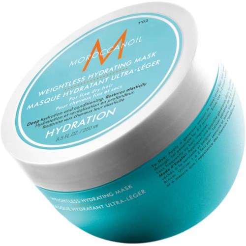 A round container of Moroccanoil hydrating mask with blue and white packaging, orange logo, and product details.