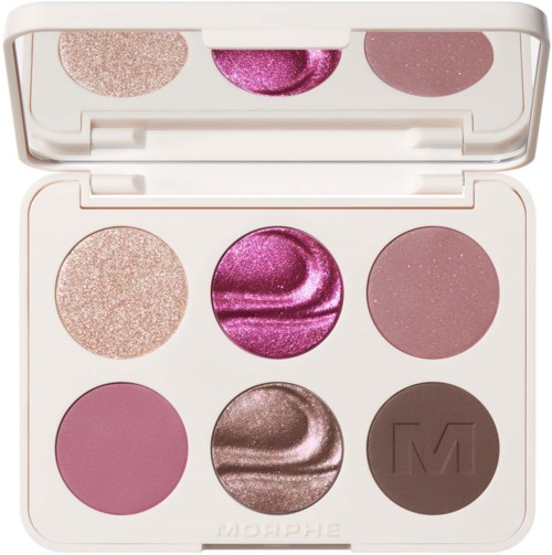 A six-shade eyeshadow palette features pink, purple, brown, and glittery shades in a white case.