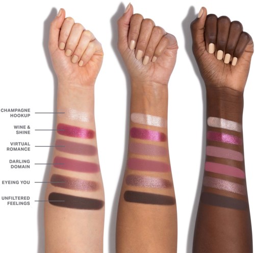 Three arms with different skin tones display swatches of makeup shades, labeled from top to bottom.