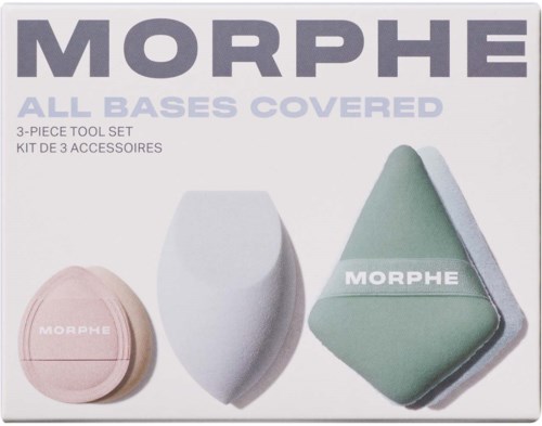 Ein Set aus drei Make-up-Schwämmen in Rosa, Weiß und Grün mit Morphe-Label.