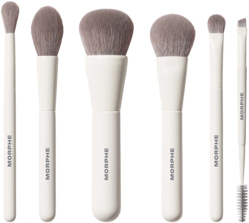 Sex makeuppenslar, alla vita handtag, olika storlekar, med mjuka grå borstar, används för att applicera kosmetika.